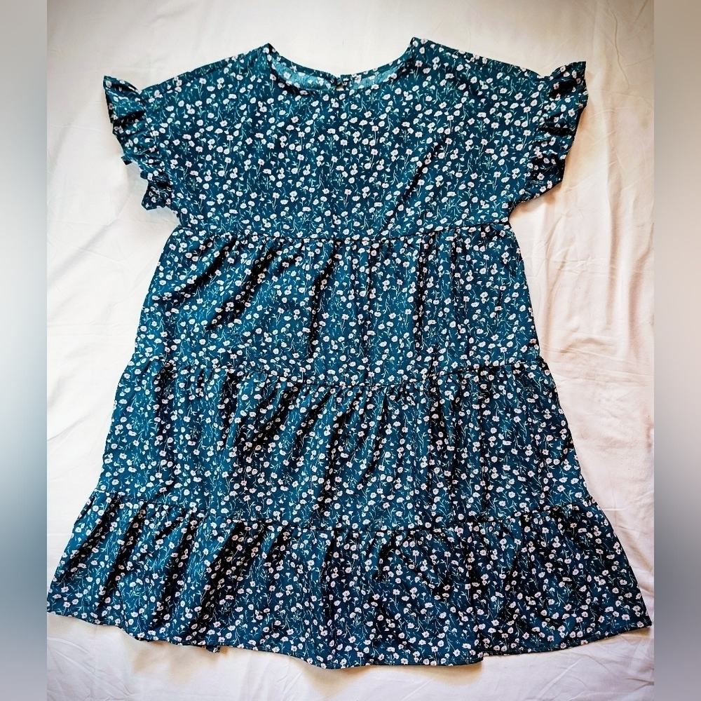 Unbranded Womens Teal Blue & White Floral Short Trapeze Dress Size Small - Picture 1 of 12